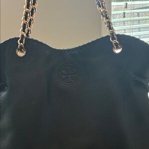Tory Burch Black Leather Shoulder Bag with Gold Chain